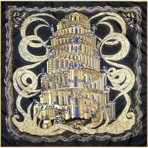 Manual Hand Rolled Foulards Twill Silk Scarf Women Tower Print Square Scarves Echarpes Curled Wraps Femme Bandana Hijabs 90CM