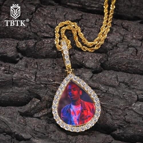 TBTK Hiphop Waterdrip Frame Pendant Custom Photo Name Engraved Solid Back Iced Out CZ DIY Fashion Memory Rock Jewelry
