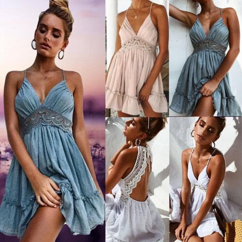 Trendy Women Sexy Dress Casual Solid V-Neck Sleeveless Top Evening Party Beachwear Holiday Dress Summer Sundress