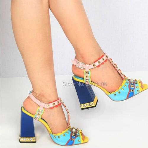 Shooegle Brand Ladies Runway Shoes Summer Mixed Colors Block High Heel Sandles Peep Toe T-Strap Rivets Studded Luxury Sandals