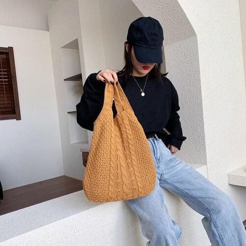 Knitting Shoulder Bag Large Capacity Woolen Foldable Resuable Tote Bag Portable Women Girls Casual Handbag Pouch Shopping Bag
