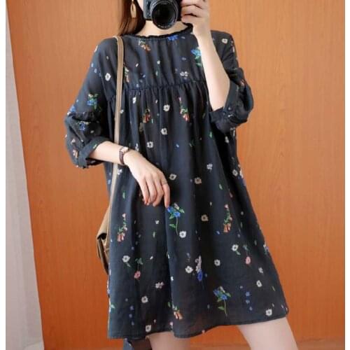 Oversized Women Casual Dress New 2021 Summer Simple Style Vintage Print Loose Comfortable Female Cotton Linen Dresses S3209