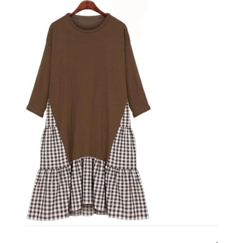 2021 Autumn Winter Women Dress Oversized Knitted Ladies Vestidos Long Sleeve Patchwork Plaid Loose Fake Two Piece Dress KE56