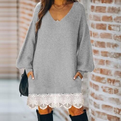 Women Vintage Lace Patchwork Straight Mini Dress Lantern Sleeve V neck Solid Elegant Casual Party Dress 2021 Winter New Dress