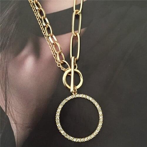 Feminist Gold Color Plating Clear Stone Paving Large Circle Pendant Special Chain Necklace For Women Girl Lady Gift Gorgeous
