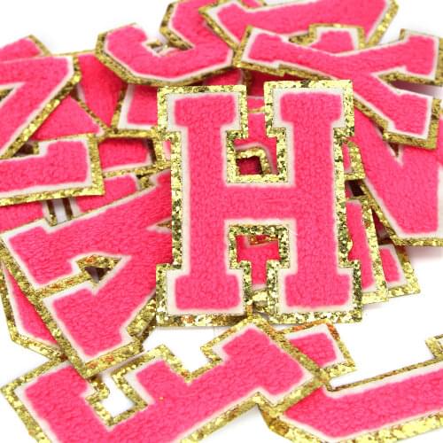 1Pcs 80MM Chenille Letter Patches Rose Pink Embroidery Patches For Clothes Iron On Towel Alphabet Gold Sequins Patches Applique