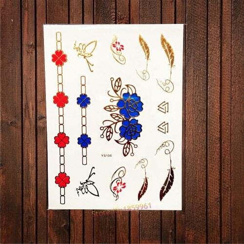 1PC New Red Blue Metallic Tattoo Gold Feather Rose Flower Arm Decal Temporary Tattoo Sticker Waterproof Henna Tatoo Jewel AYS106