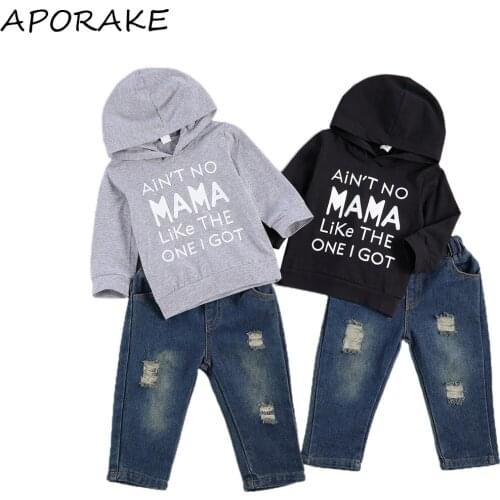 2020 0-3Y Kids Baby Boy Clothing MAMA Letter Print Long Sleeve Hooded Top Sweatshirt+Denim Pants Long Trousers Autumn 2pcs Set
