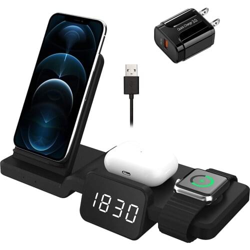 QC 3.0 4 In 1 Wireless Charger Stand Compatible with IPhone 11/11 Pro/X/Xr/Xs/8 Digital Clock for AirPod Pro/2 Charger Adapter