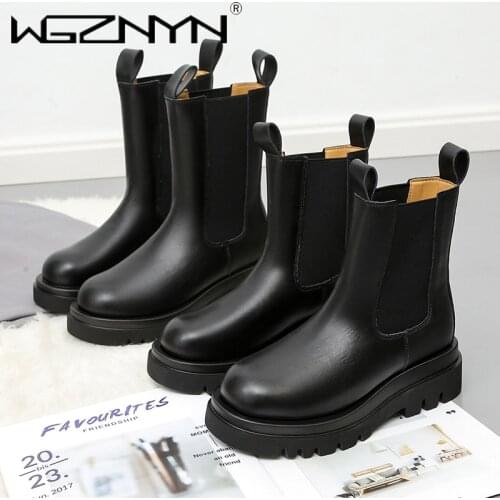 WGZNYN 2021 Chelsea Boots Brand Designer Women Shoes PU Leather Ankle Boots Black Female Autumn Fashion Platform Boots