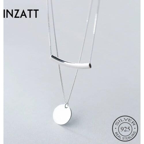 INZATT Real 925 Sterling Silver Layer Chain Geometric Round Disc Bent Pipe Choker Pendant Necklace For Women Party FINE Jewelry