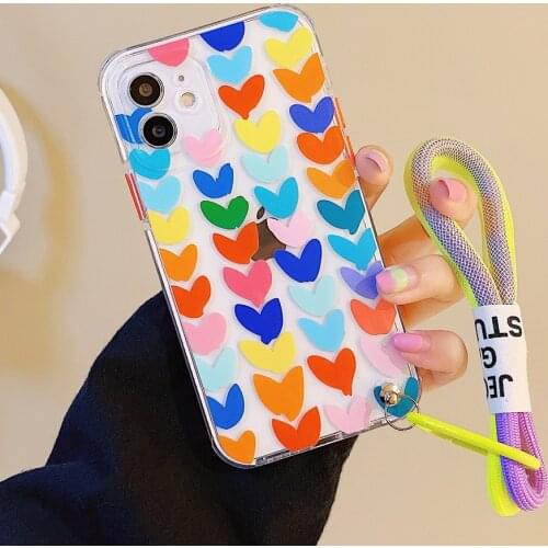 Cute Love Heart Hand Strap Phone Case For iPhone 12 11 Pro Max X XR XS Max 7 8 Plus SE 2020 Transparent Soft Silicone Cover Rope