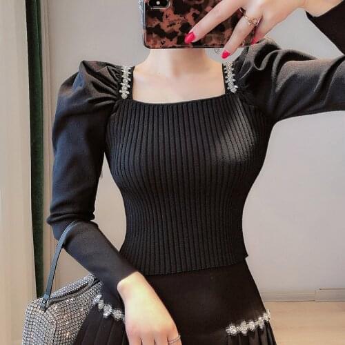 Black Bodycon Cropped Sweater 2021 Ladies Fashion Sweater Women Square Collar Crystal Beaded Puff Sleeve Slim Short Sweater Tops