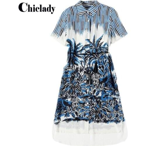 CHICLADY designer Palm tree striped summer shirt blouse women dress elegant blue casual loose single breasted asymmetrical robe