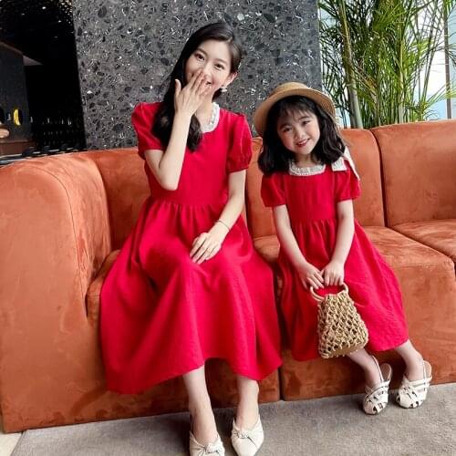 Parent-child Dresses for Party Summer 2021 Mother and Daughter Dresses for Holiday Puff Sleeve Red Dress for Girls Lady Dresses
