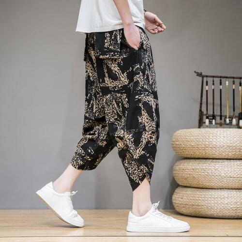 Baggy Cotton Linen Men Harem Pants 2021 Korean Style Vintage Printed Men Women Hip Hop Plus Size Wide Leg Pants Pantalone