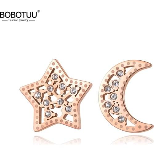 BOBOTUU Trendy OL Style Stainless Steel CZ Crystal Star Moon Stud Earrings Sparkl Anniversary Earring Jewelry For Women BE19093