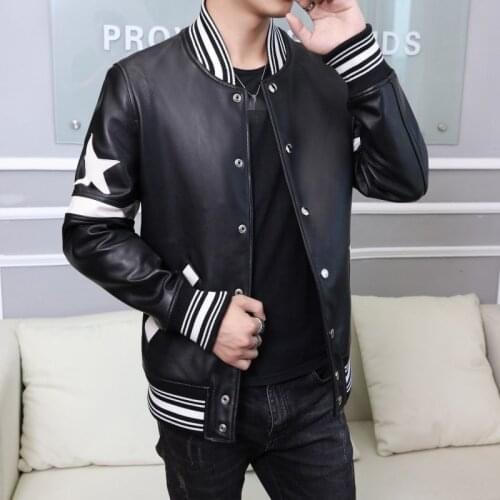 High Street Casual Leather Jacket Men Stand Collar 100% Sheepskin Bomber Jackets Male High Quality Mens Genuine Leather Jacket