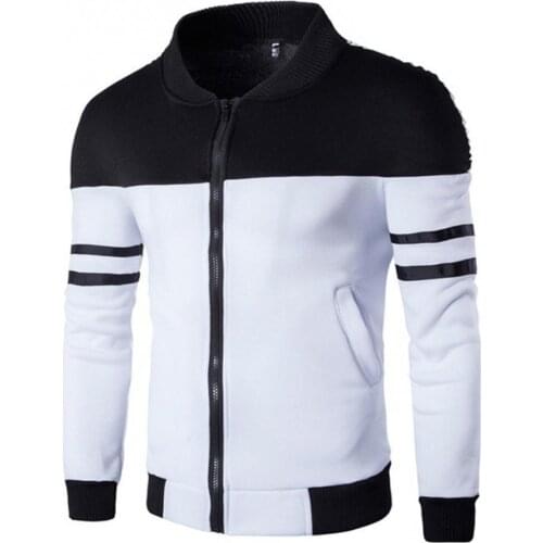 Men Casual Coat Stripe Zipper Pockets Stand Collar Color Block Autumn Winter Long Sleeve Male Varsity Jacket Streetwear