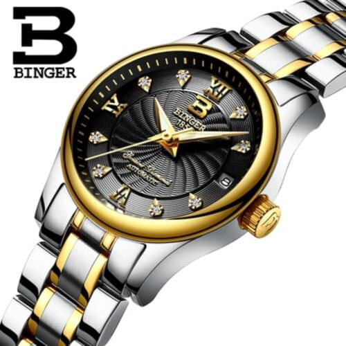 Genuine Luxury Switzerland BINGER Watches Women Automatic Mechanical Gold Diamond Sapphire Fashion Calendar Female Waterproof