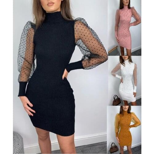 SKMY 2021 Autumn Vacation Outfits Lace Dot Mesh Stitching Puff Sleeve Turtleneck Sweater Knit Dress Party Clubwear Women Clothes