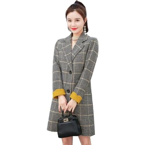 Women woolen coat 2019 Autumn Winter Fashion Tartan Coat Korean Slim Large Size Office Female Suit Jacket Long Outerwear AA550