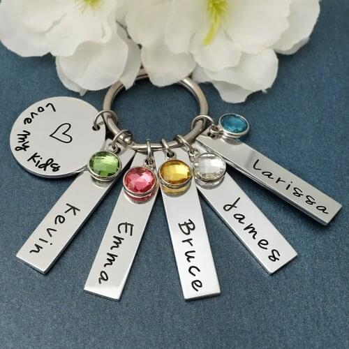 Personalized Keychain For Mom Childs Birthstones Keychain Mom Jewelry Custom Name Keyring Bar Key Chain Birthday Gift For Her