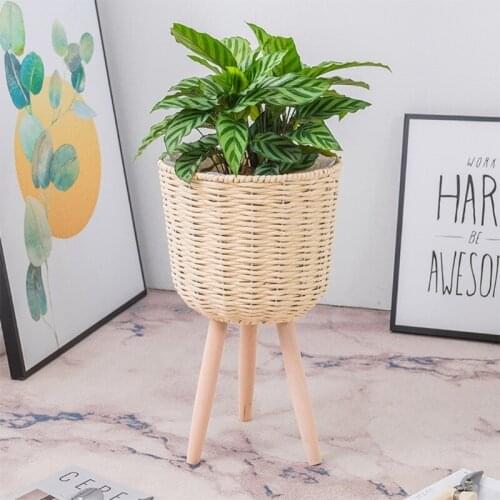 Nordic Style Floor Woven Storage Basket with Wooden Legs Plant Pot Stand Holder Flowerpot Planter Organizer for Room Garden