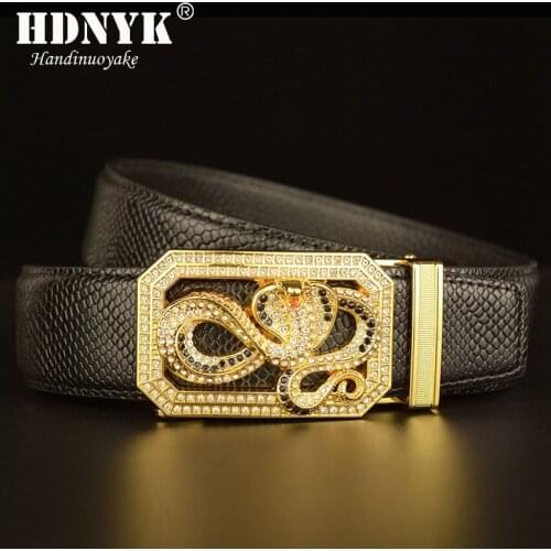 New Style Full Grain Leather Brand Snake Shape Designer Automatic Buckle Mens Belt Cow Leather Belt Silver Golden Belts for Men