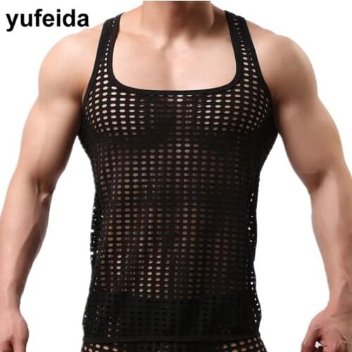 Sexy Mens Underwear Mesh Undershirts Hollow Out Breathable Sports Fitness Tank Tops See Through Gay Muscle T-shirts Sheer Vest