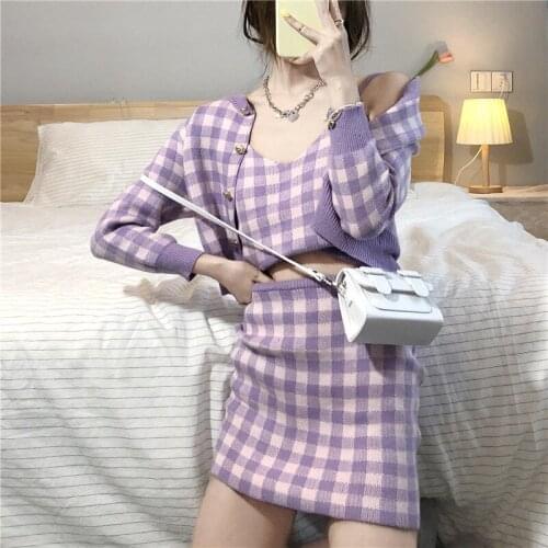Chic Retro Gentle Sweet Plaids Knitted Cardigan Checked Sweater Coat + Suspenders V-Neck Camis+ Skirt Suits Ins Hot Dress Sets