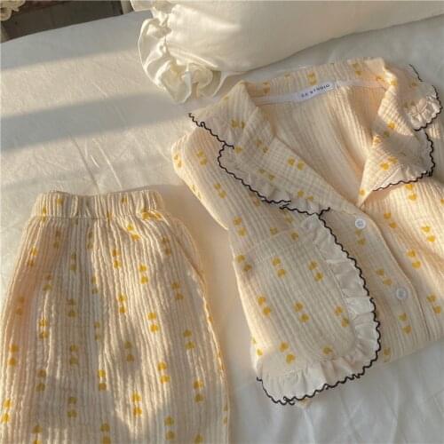 Qweek Womens Pajamas Sleepwear Cotton Lace Lapel Two Piece Sets Summer Kawaii Pyjamas Nightwear Homesuit Pijamas Print Shorts