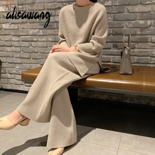 Women Elegant Knit Two Piece Set Spring Autumn Loose Oversize Sweater and Straight Pants Outfits Woman Pullover Suits Clothing
