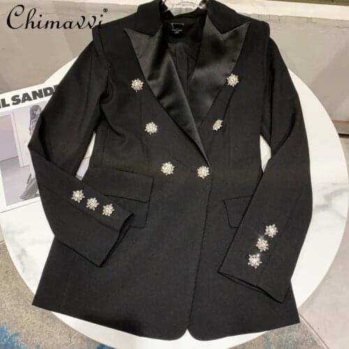 Fashion Rhinestone Buckle Silk Neckline Blazer for Women 2021 Spring Long Sleeve Slim Fit Elegant Suit Luxury High-End Coat