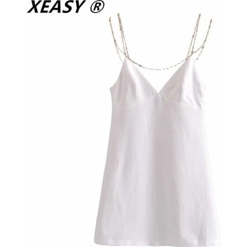 XEASY Za 2021 White Dress Women Rhinestone Strappy Short Woman Dresses Backless Slip Sexy Party Dresses Mini Summer Dress