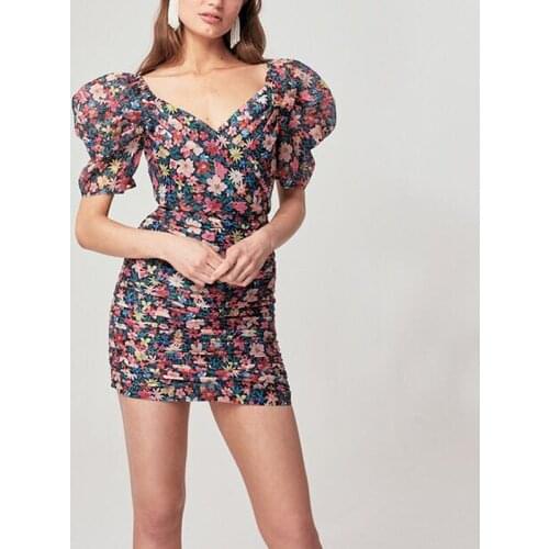 2020 Spring New Model Fashion Printing Slimming Puff Sleeve Slim-Fit Floral Printed Dress Women Female Fashion