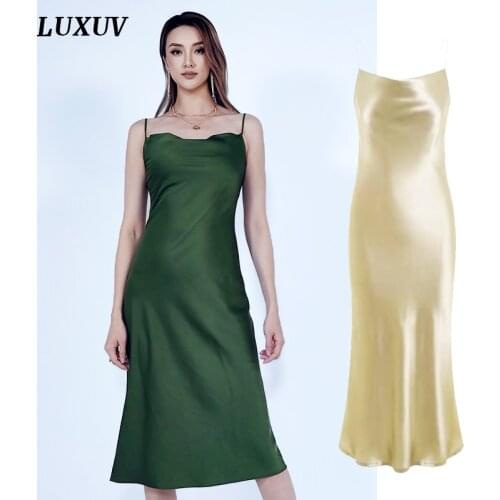 LUXUV Womens Dress Tank Satin Straight Sexy Summer Beach Sleeveless Luxury Shiny Spaghetti Strap Long Imitation Silk Party