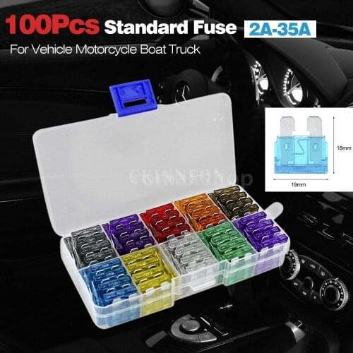 100 Set 100Pcs/Lot/Set Assortment Car Standard Blade Fuses 2A 3A 5A 10A 15A 20A 25A 30A35A for Vehicle Motorcycle Boat Truck