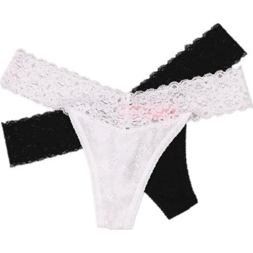 [US SIZE]2PCS Sexy Underwear Black White Lace Panties Womens G String Thong Lady Knickers T-back For Woman Underpants