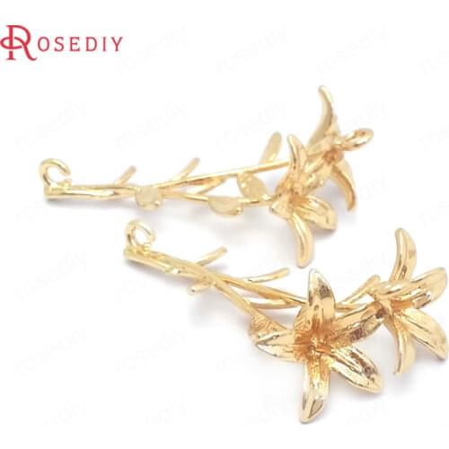 39726)6PCS 25x42MM 24K Champagne Gold Color Brass Flower Branch Charms Pendants Jewelry Making Supplies Findings Accessories