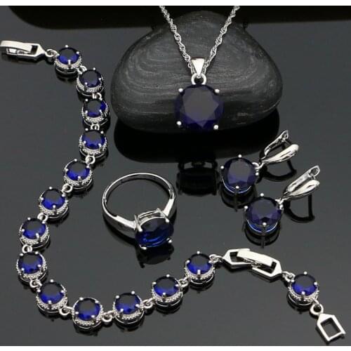 925 Sterling Silver Jewelry Set for Women Round Blue Cubic Zirconia Ring Earrings Chain Pendant Bracelet Party Accessories