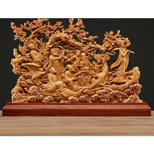 Thuja Wood 33CM Eight Immortals Sculpture Decorative Dish Hollow Wood Carving Lucky Gift God of Wealth Collection Home Decor