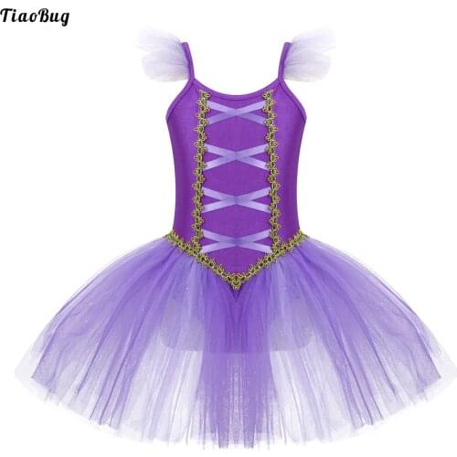 TiaoBug Kids Girls Purple Cami Dress Spaghetti Straps One-Piece Bodysuit With Mesh Hem For Dance Performance Cosplay Party
