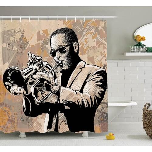 Jazz Music Shower Curtain Grunge Style Illustration of an African Musician with Sunglasses Playing Trumpet Bathroom Curtains