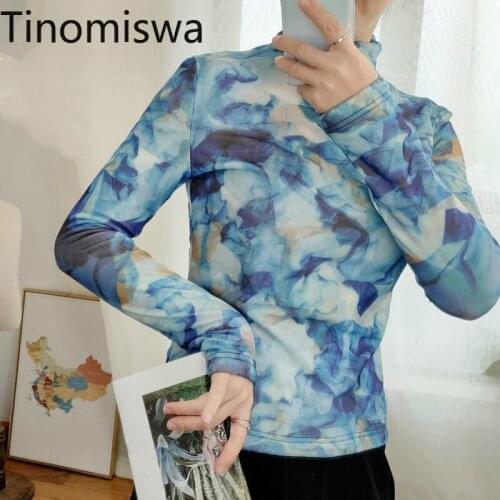 Tinomiswa 2021 New Graphic Tees Women Stand Collar Long Sleeve Slim Fit T Shirt Female Casual Fashion Tie Dye Tshirt Camisetas