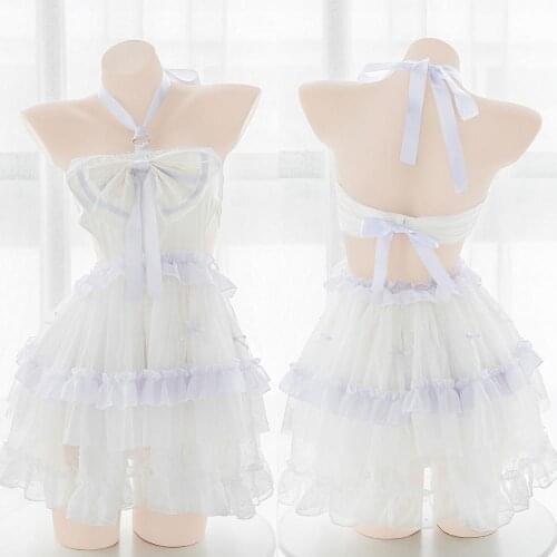 Shell Girl Lovely Bowknot Ruffles Suspender Bubble Skirt Sexy Lolita Princess Halter Nightdress Sleepwear Private Underwear Suit
