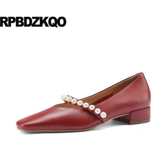 High heels wine red ladies mary jane sweet beige thick low black square toe pearl korean party shoes girls pumps strap block new