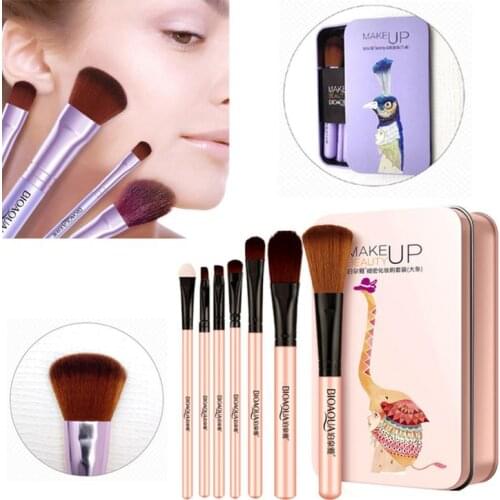 BIOAQUA 7 Pcs/Set Professional Foundation Brushes Set Beauty tools Make up Brush With Peacock Aluminum Box Travel Portable Brush