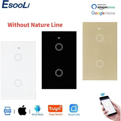 EsooLi 2 Gang 1 Way US Standard Tuya Smart Home Automation Wireless Wall Switch Crystal Glass Single Fire Line Touch Switch