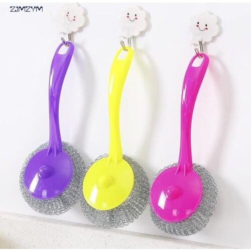 Useful long handle Kitchen Pot Cleaning Brush Steel Wire Ball Amaranth Handle Scourer Novelty Home Clean Tools